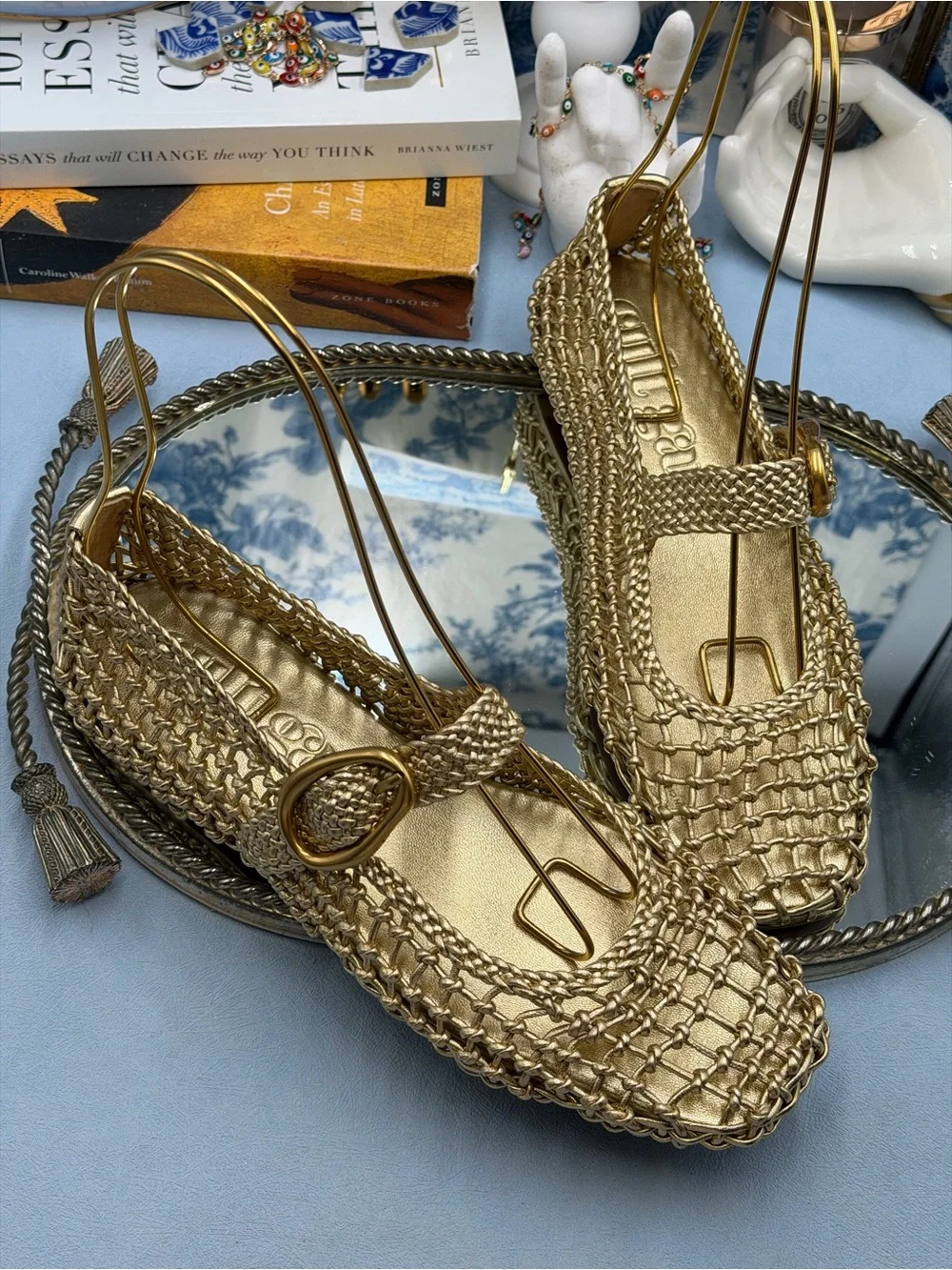 🆕 CULT GAIA 🧿 NWOB Gina Woven Leather Mary Jane Flats, Gold - Sz 37.5 US 7.5